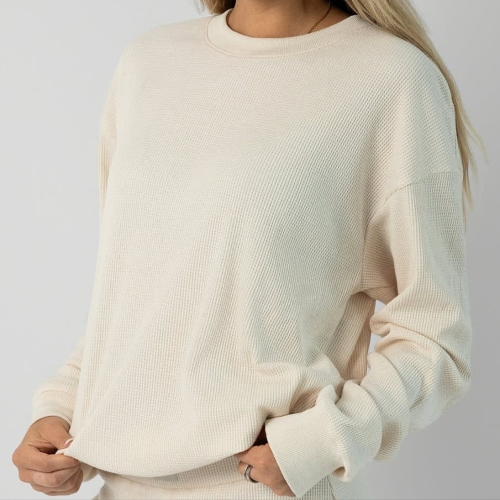 🤑PRICE FIRM🥰 NIP!❤️ COMFRT WAFFLE LOUNGE CREW LONG SLEEVE TOP IVORY M